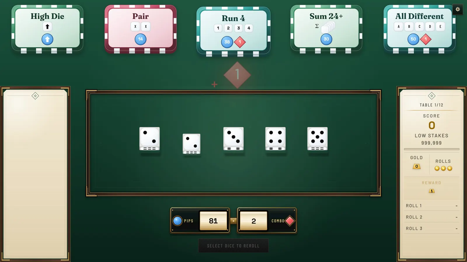 Dice Roll Society gameplay showing five dice scoring across a full row of Plaques