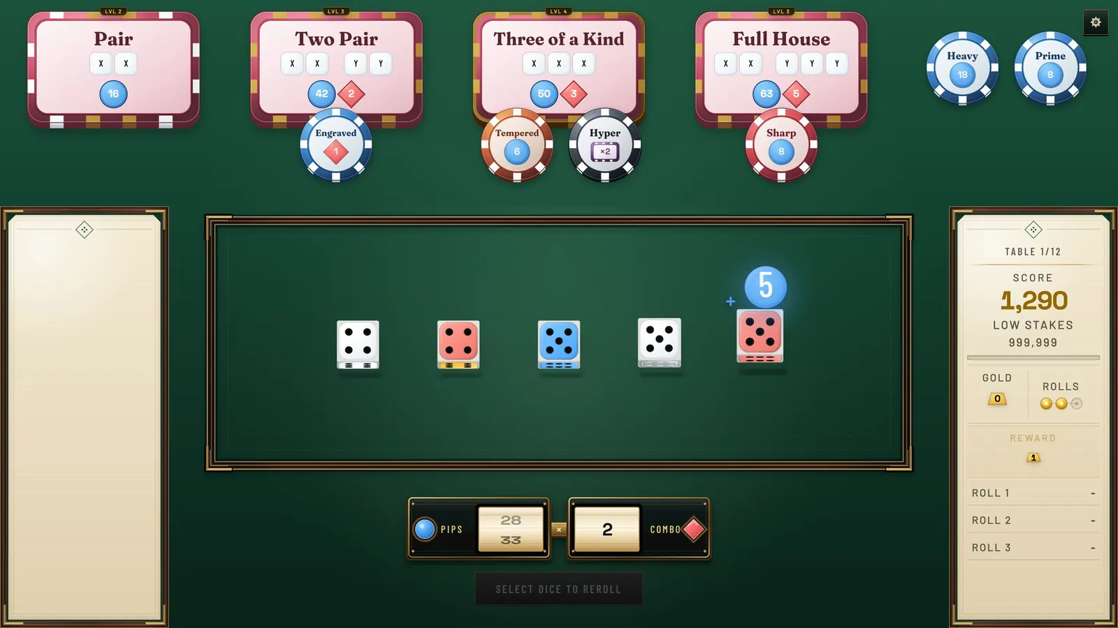 Dice Roll Society lock-and-reroll screen with a kept pair and three dice still in play