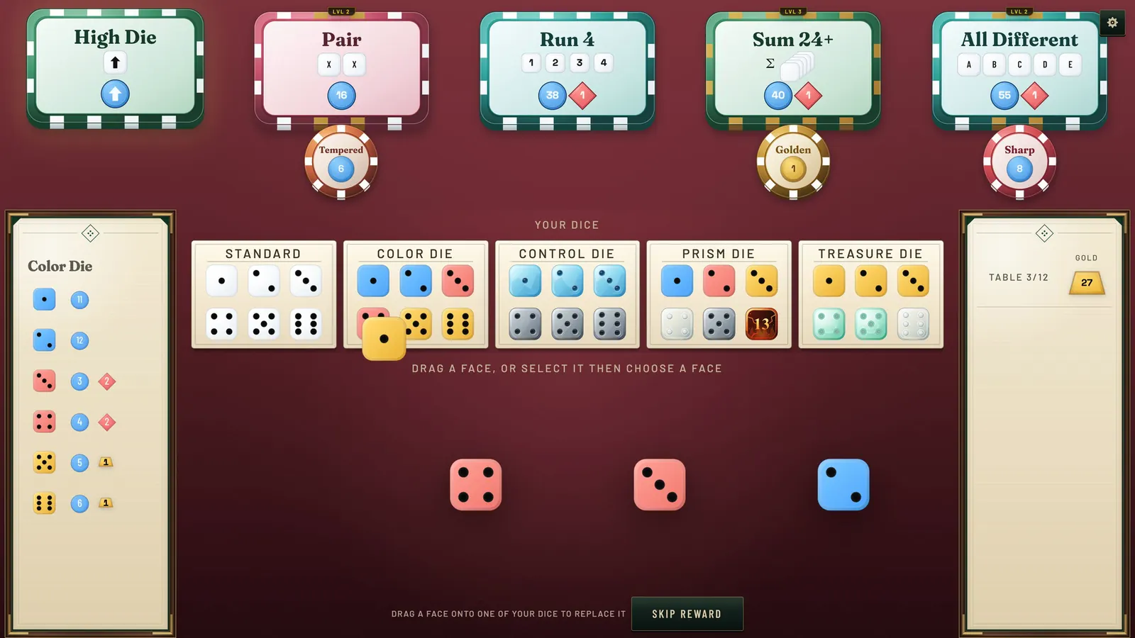 Dice Roll Society face-crafting screen with five custom dice and face choices