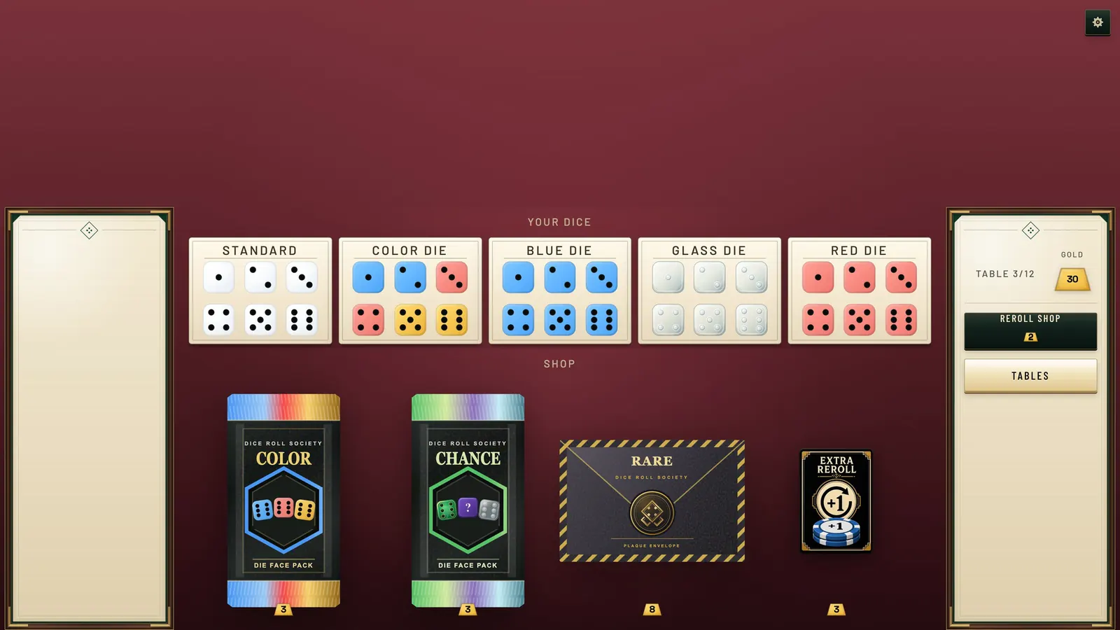 Dice Roll Society shop offering die faces, Plaques, and Tricks